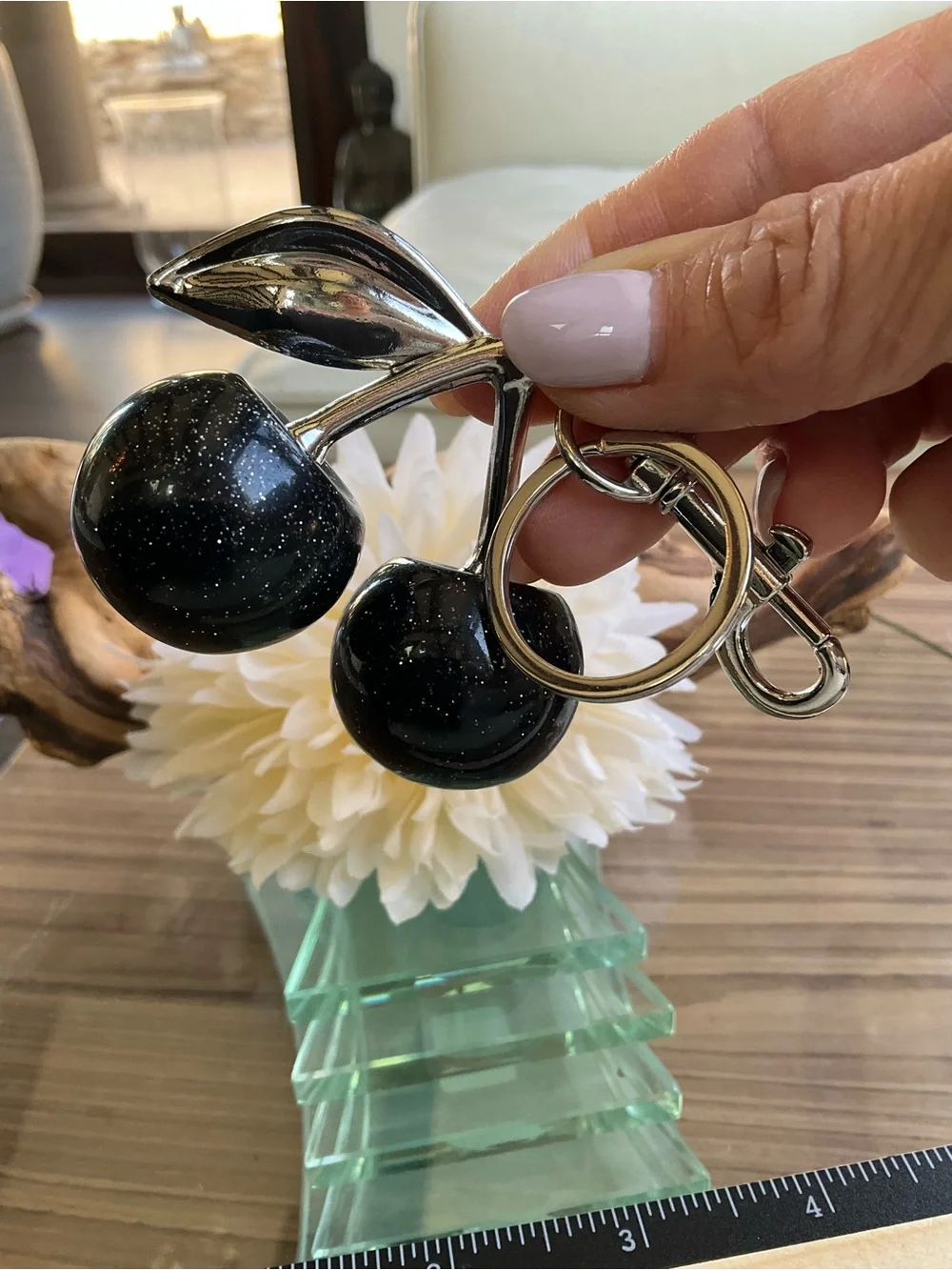 Black Glitter Cherry Keychain